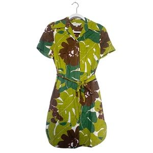 Trina Turk Tropical Floral Shirt Dress Vacation Boho Spring Green/Brown Sz 8